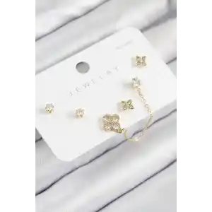 Pirinç Zirkon Taşlı Yonca Model Gold Renk 925 Ayar Gümüş Çivi Kadın Küpe Set