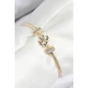 Pirinç Zirkon Taşlı Yonca Model Gold Renk Kadın Bileklik