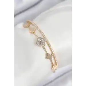 Pirinç Zirkon Taşlı Yonca Model Gold Renk Kadın Bileklik
