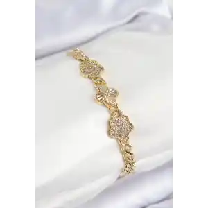 Pirinç Zirkon Taşlı Yonca Model Gold Renk Kadın Bileklik