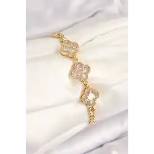 Pirinç Zirkon Taşlı Yonca Model Gold Renk Kadın Bileklik