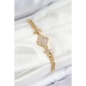 Pirinç Zirkon Taşlı Yonca Model Gold Renk Kadın Bileklik