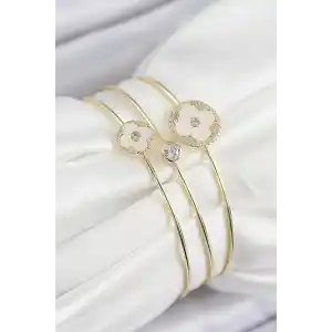 Pirinç Zirkon Taşlı Yonca Model Gold Renk Vip 3lü Kadın Bileklik