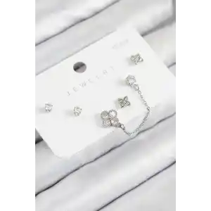 Pirinç Zirkon Taşlı Yonca Model Gümüş Renk 925 Ayar Gümüş Çivi Kadın Küpe Set