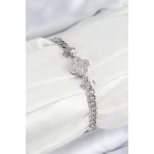 Pirinç Zirkon Taşlı Yonca Model Gümüş Renk Kadın Bileklik
