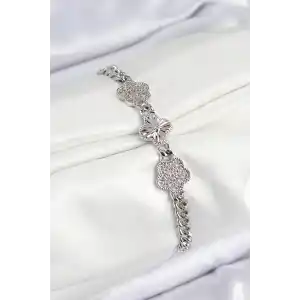 Pirinç Zirkon Taşlı Yonca Model Gümüş Renk Kadın Bileklik
