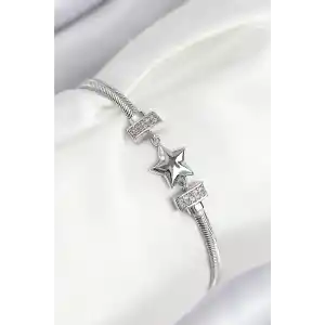 Pirinç Zirkon Taşlı Yonca Model Gümüş Renk Kadın Bileklik