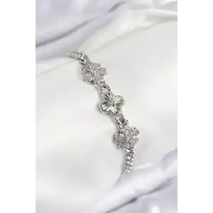 Pirinç Zirkon Taşlı Yonca Model Gümüş Renk Kadın Bileklik