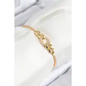 Pirinç Zirkon Taşlı Zincir Model Gold Renk Asansörlü Kadın Bileklik