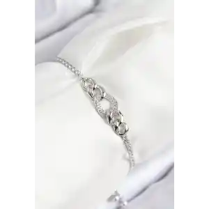 Pirinç Zirkon Taşlı Zincir Model Gümüş Renk Asansörlü Kadın Bileklik