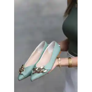 Popi Mint Yeşili Cilt Zincirli Babet Ayakkabı