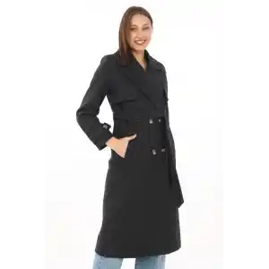 Premium Kadın Kaşe Kaban Uzun Boy, Balık Sırtı Yünlü Kaşmir Dokuma, Kruvaze Kuşaklı Astarlı - Siyah