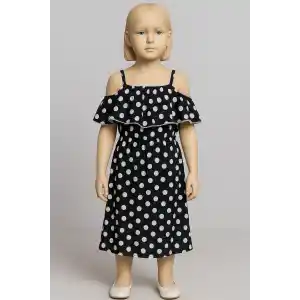 Puantiyeli askılı prenses elbise kız çocuk lacivert