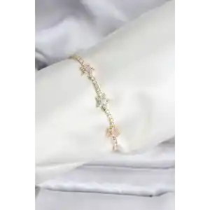 Renkli Yıldız Model Zirkon Taşlı Gold Renk Pirinç Su Yolu Kadın Bileklik