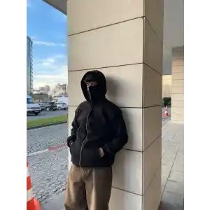 Samuray Ninja Çift Kapşonlu ZIP Fermuarlı Kanguru Çepli Tam Fermuarlı Hoodie Swetshirt - Siyah