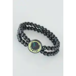 Sarı Renkli Metal Üzerine Osmanlı Arma Figürlü Siyah Renk Çift Sıra Doğal Taş Erkek Bileklik