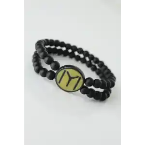 Sarı Renkli Metal Üzerine Siyah Kayı Boyu Figürlü Siyah Renk Çift Sıra Doğal Taş Erkek Bileklik