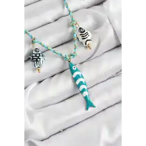 Seramik Motifli Balık Figürlü Model Mavi İp Kadın Kolye
