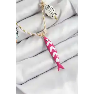 Seramik Motifli Pembe Balık Figürlü Model Krem İp Kadın Kolye