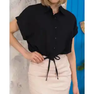 Sıfır kollu bağlamalı crop gömlek siyah s255359