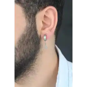 Silver Renk Kaplama Osmanlı Tuğra Figürlü Kıstırmalı Çelik Erkek Küpe