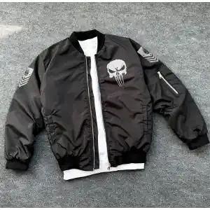 Siyah Askeri Tarz Bomber Mont – Unisex, Punisher Skull Detaylı, Fermuarlı, Cepli, Uzun Kollu, Bahar ve Kış Günlük Moda İçin Uygun - Siyah