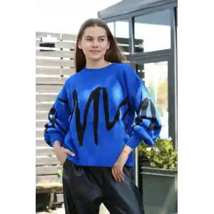 Siyah çizgili bisiklet yaka kazak Saks