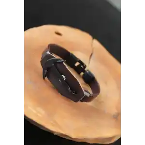 Siyah Deniz Çapalı Çelik Aksesuarlı Kahverengi Deri Erkek Bileklik