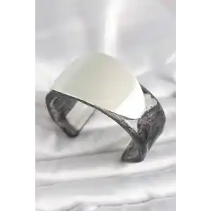 Siyah Mermer Desen Akrilik Plastik Gümüş Oval Plaka Model Vintage Kadın Bilezik