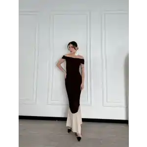 Striptiz Omuzlu Uzun Elbise- Kahve