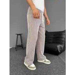 Su Yolu Çizgili Cepli Pantalon Yazlık - Kahverengi