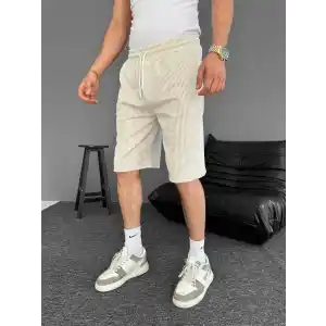 Su Yolu Çizgili Ön Arka Cepli Şort Yazlık Nefes Alabilir - Bej