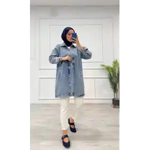 Taşlı tunik ceket kar yıkamalı mavi d2516