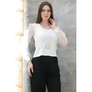 Tokalı tül kollu bluz beyaz t4071