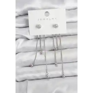 Topçuk Model Gümüş Renk Pirinç Sallantılı Kadın Küpe Seti