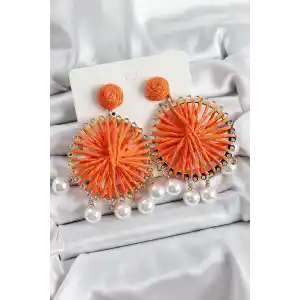 Turuncu Hasır Örgü Sarmal Model Sallantılı İnci Detaylı Gold Renk Kadın Küpe