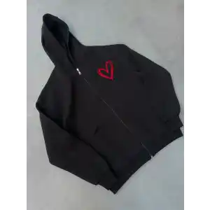 Üç İplik Baskılı Fermuarlı Kapüşonlu Hırka - Siyah