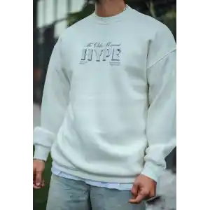 Üç İplik Bisiklet Yaka Baskılı SweatShirt - Beyaz