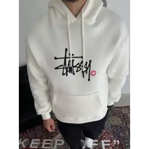 Üç İplik Kapşonlu Baskılı SweatShirt - Beyaz