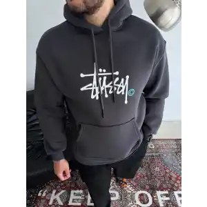 Üç İplik Kapşonlu Baskılı SweatShirt - Füme