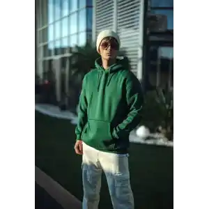 Üç İplik Penye Kapşonlu Basic SweatShirt - Haki