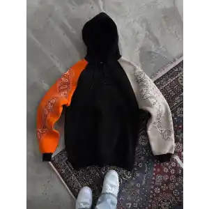 Üç İplik Penye Kapşonlu Parçalı SweatShirt - Siyah