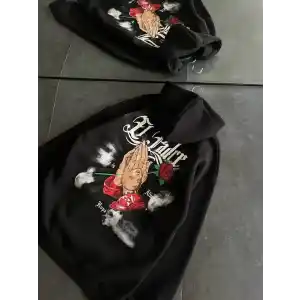 Üç İplik Penye Uzun Kol Kapşonlu Baskılı SweatShirt - Siyah