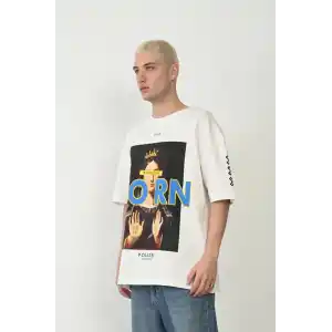 Unisex Baskılı Bisiklet Yaka Oversize T-Shirt - Beyaz