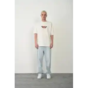 Unisex Baskılı Bisiklet Yaka Oversize T-Shirt - Beyaz