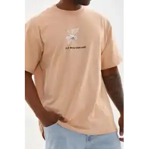 Unisex Baskılı Oversize T-Shirt - Bej