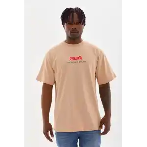 Unisex Baskılı Oversize T-Shirt - Bej