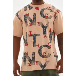 Unisex Baskılı Oversize T-Shirt - Bej