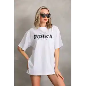 Unisex Baskılı Oversize T-Shirt - Beyaz