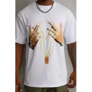 Unisex Baskılı Oversize T-Shirt - Beyaz